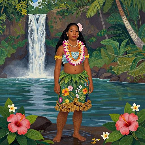 Digital painting of a Polynesian woman with dark skin, long black hair, floral necklace and skirt, standing in a tropical paradise with a waterfall,