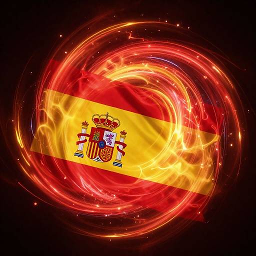Dynamic digital artwork of Spain's flag, featuring a fiery, swirling red and yellow circular motion with the royal coat of arms at center.