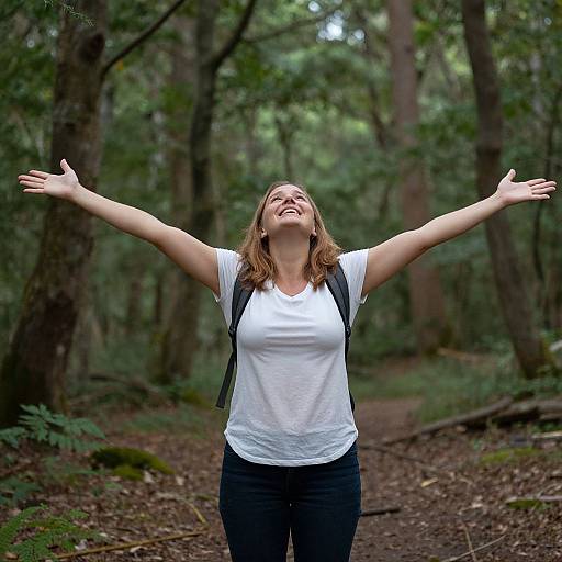 Photograph of a smiling, brown-haired woman with arms outstretched, wearing a white t-shirt and dark pants, standing on a forest trail.
