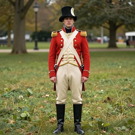 Man in Revolutionary Soldier Costume Standing in Park