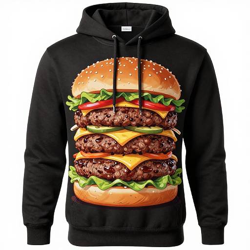 Black hoodie with a vibrant, digital illustration of a layered cheeseburger on the front, featuring multiple juicy beef patties, lettuce, tomato, and cheese