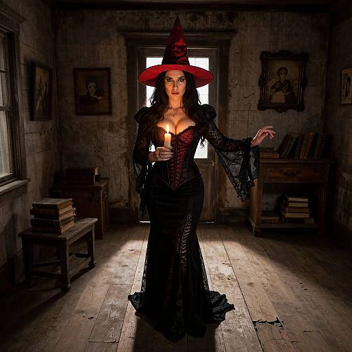 Photograph of a curvy, fair-skinned woman in a black lace dress and red witch hat, holding a candle, standing in a dim,