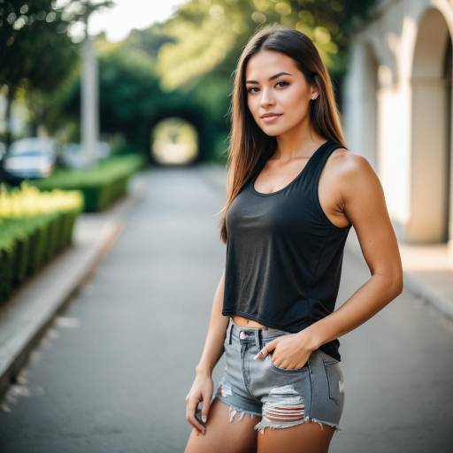 Stylish Young Woman in Black Top and Denim Shorts