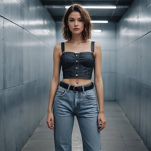 Young Woman in Denim Corset and Baggy Jeans