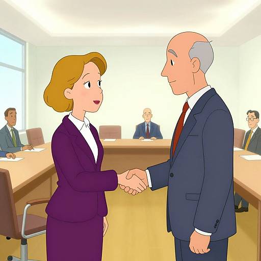 Digital illustration of a business meeting: a smiling woman in a purple suit and a bald man in a navy suit shaking hands. Background includes seated colleagues and