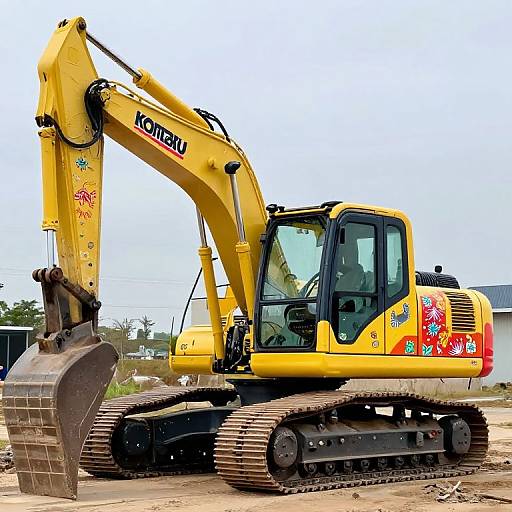 Photograph of a bright yellow Komatsu excavator with colorful graffiti on the side, parked on a dirt ground, featuring a large bucket and black tracks