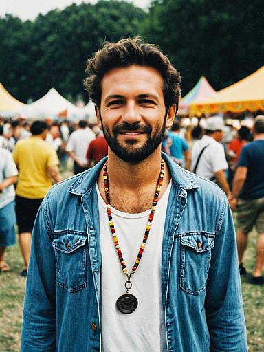 Man in Casual Denim Jacket at Summer Festival