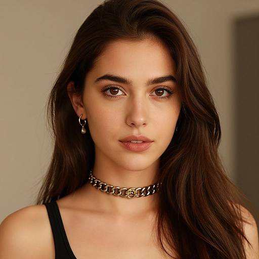 Photograph of a young woman with long, dark brown hair, wearing a black tank top, silver hoop earrings, and a chunky chain choker