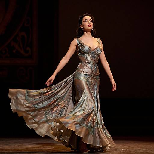Photograph of a dark-haired woman in a silver, flowing, V-neck gown with intricate beadwork, modeling on a dimly lit stage.