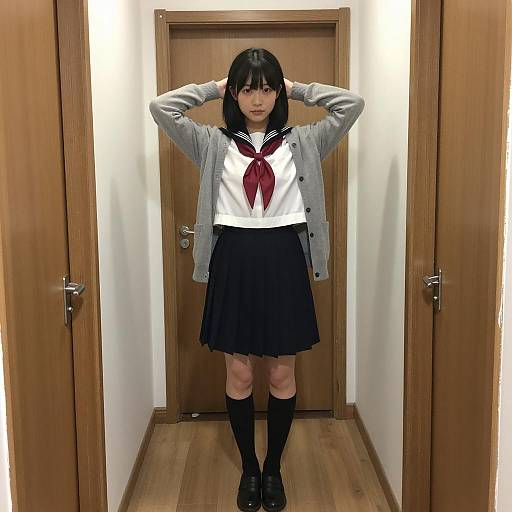 Japanese Schoolgirl in Wooden Hallway