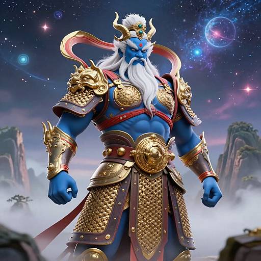 Digital artwork of a muscular blue-skinned deity with white beard, golden armor, and red sash, standing in a starry cosmic landscape.