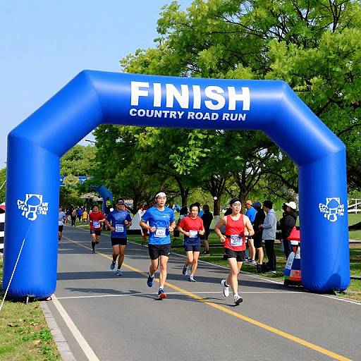 Photograph of a colorful running event with a blue inflatable 