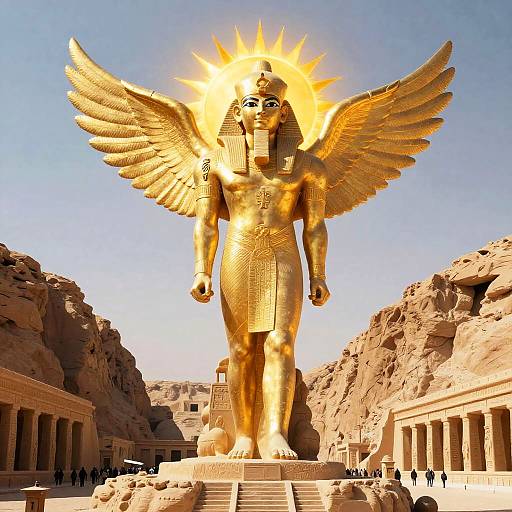 Photograph of a massive, golden-winged, pharaoh statue with radiant halo, standing in a desert temple complex with rocky cliffs.