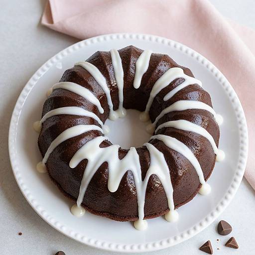 Photograph of a chocolate doughnut ring on a white, scalloped-edge plate, drizzled with white icing, with small chocolate pieces scattered
