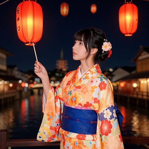 Photograph of an Asian woman in a floral kimono, holding a red lantern, at night in a brightly lit, traditional Japanese riverside setting.