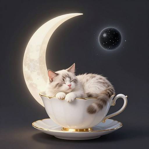 Cat Napping in Crescent Moon Teacup