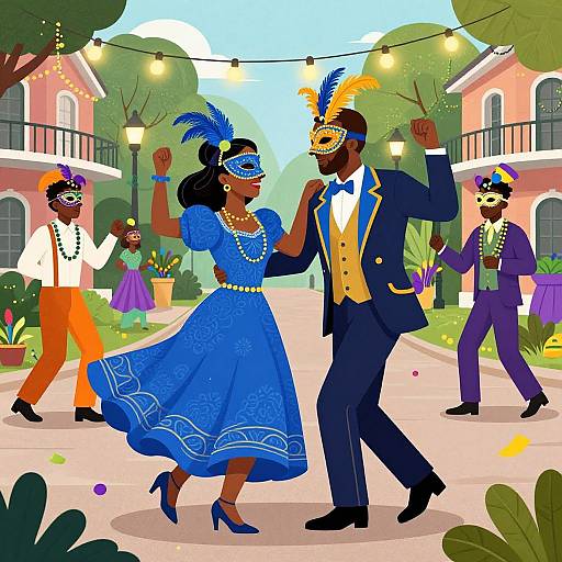 Vibrant cartoon of a dancing African couple in blue and yellow Carnival attire, surrounded by festively dressed onlookers in a tree-lined street with