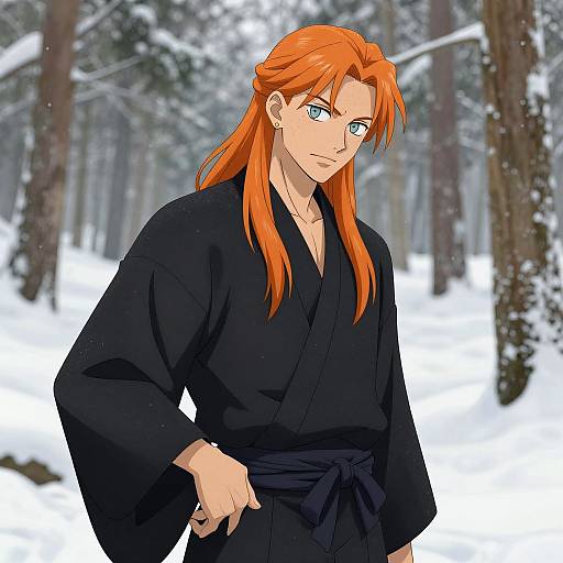 Digital anime-style drawing of a tall, handsome man with long orange hair, blue eyes, and a black kimono, standing in a snowy forest.