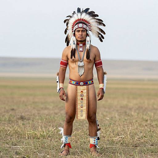 Photograph of a muscular Native American man standing in a grassy field, wearing traditional tribal attire with white and black feather headdress, colorful loinc