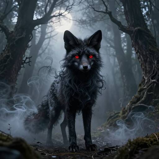 Digital artwork of a menacing black wolf with glowing red eyes, standing in a foggy, moonlit forest, surrounded by swirling mist.