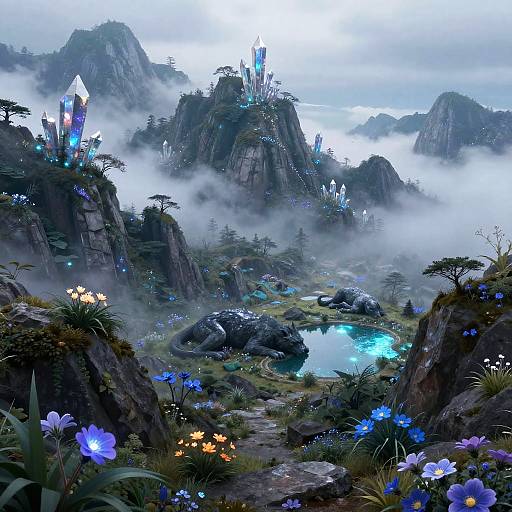 Fantasy digital artwork: Misty, crystal-topped rock formations with glowing blue flowers and a luminous castle, surrounded by a serene, mist-covered