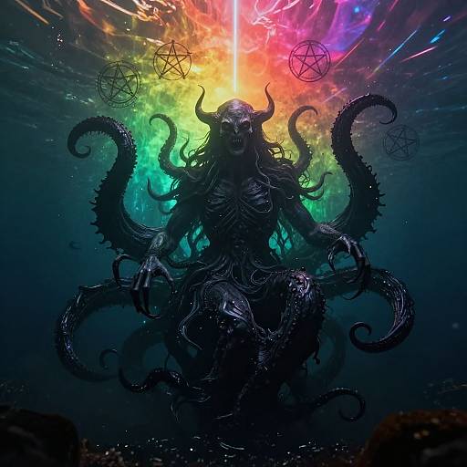 Digital art of a dark, monstrous figure with tentacles and horns, surrounded by colorful, radiant lights and floating pentagrams, underwater.