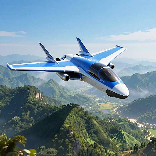 Futuristic Blue Flying Machine Over Mountains