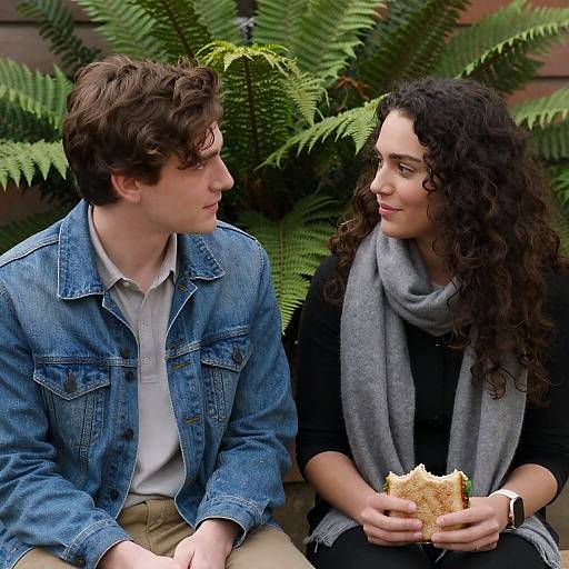 Young Couple Sitting Outdoors with Sandwich