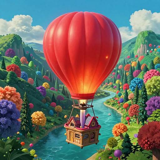 Vibrant digital illustration of a red hot air balloon with a wooden gondola floating over a colorful, lush, mountainous valley with a winding