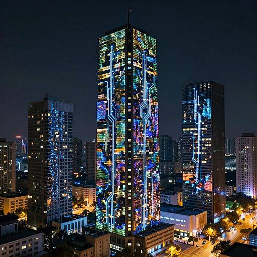 Nighttime photograph of a cityscape featuring a tall, illuminated skyscraper adorned with multicolored LED lights, surrounded by darkened buildings and glowing street