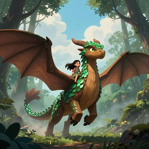Digital illustration of a green-scaled, brown-winged dragon with a small girl with black hair riding on its back in a sunlit, misty