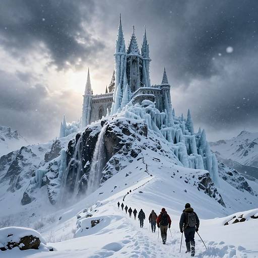 Digital fantasy artwork: Snow-covered mountain path leads to a towering, icy castle with spires, under a bright, cloudy sky. Climbers in winter