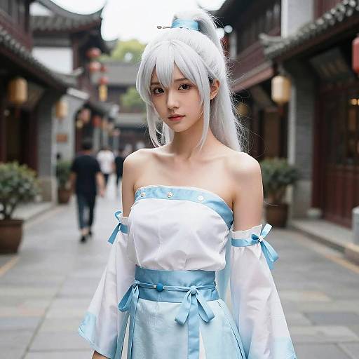 Digital art of a young Asian woman with white hair in a ponytail, wearing a white, off-shoulder, blue-ribboned dress,