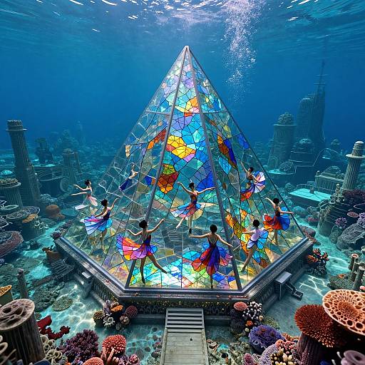 Photograph of an underwater pyramid with colorful stained glass, surrounded by coral reefs and ancient ruins, illuminated by sunlight. Divers in vibrant dresses dance inside