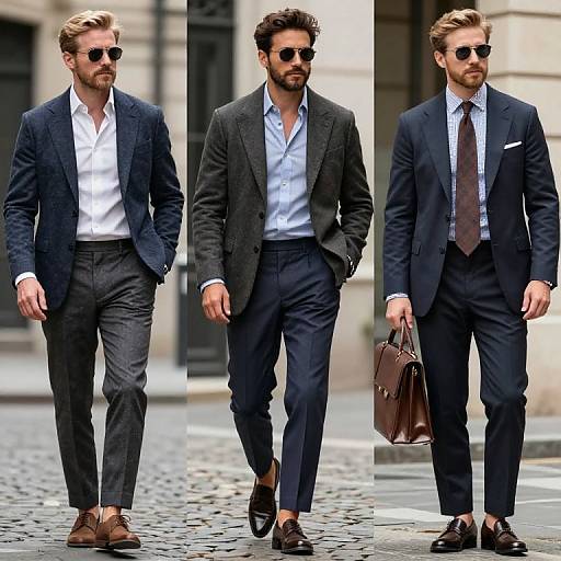 Photograph of three stylish, bearded men in dark suits, white shirts, and sunglasses, walking on a cobblestone street, holding brown leather