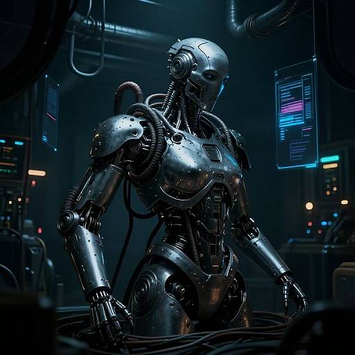 CGI image of a shiny, humanoid robot with exposed mechanical components, standing in a dark, futuristic lab with neon screens and cables.