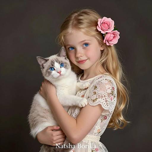 Whimsical Girl with Kitten Illustration