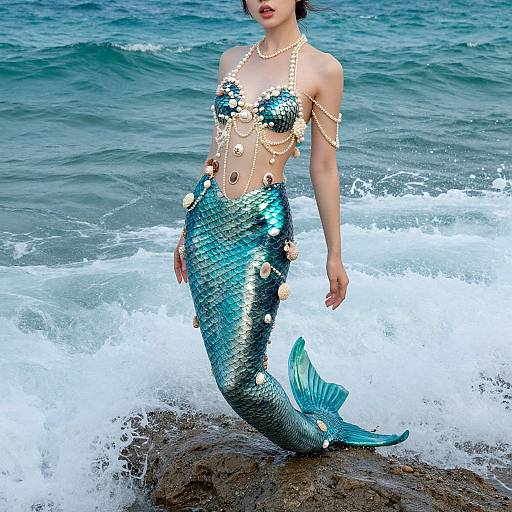 Photograph of an Asian mermaid with blue, shiny fish-scale tail, pearl necklace, and gold chains, standing in ocean waves.