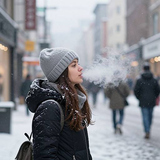 Photograph of a young woman in a black winter coat and gray knit hat exhaling breath in a snowy, urban street. Blurred pedestrians and buildings