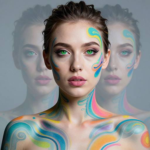 Photograph of a fair-skinned woman with green eyes, dark hair, and colorful abstract body paint on her face and shoulders, with a faint mirrored