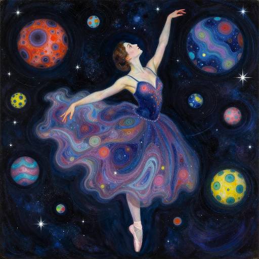 Digital painting of a ballerina in a swirling, colorful galaxy dress, arms raised, surrounded by vibrant, patterned planets against a starry black