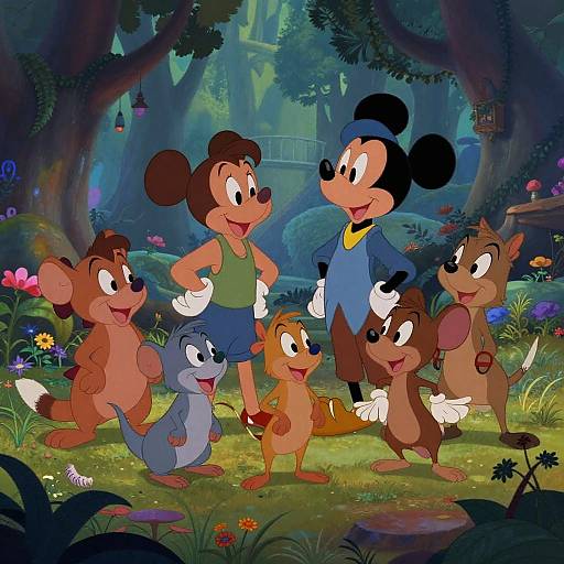 Disney animation scene featuring Mickey Mouse, Minnie Mouse, and five Chip 'n' Dale chipmunks in a colorful, enchanted forest.
