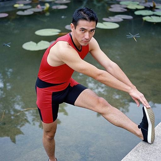 Athletic Man Stretching by Pond
