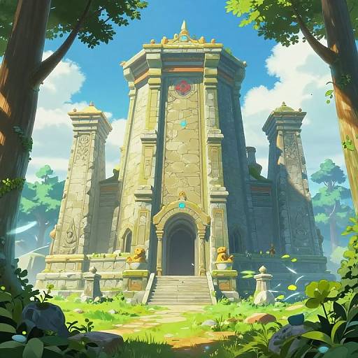 Digital art of a sunlit, ancient stone temple with intricate carvings, lion statues, and a central archway, surrounded by lush greenery