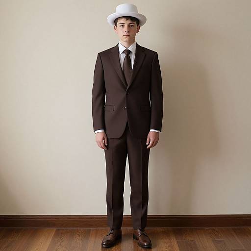 Photograph of a young man in a black suit, white shirt, black tie, and white hat, standing against a plain beige wall on wooden flooring