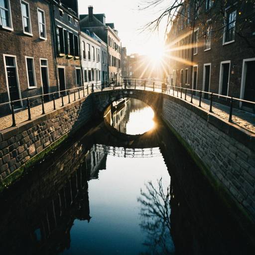 Narrow cobblestone bridge over canal at sunset