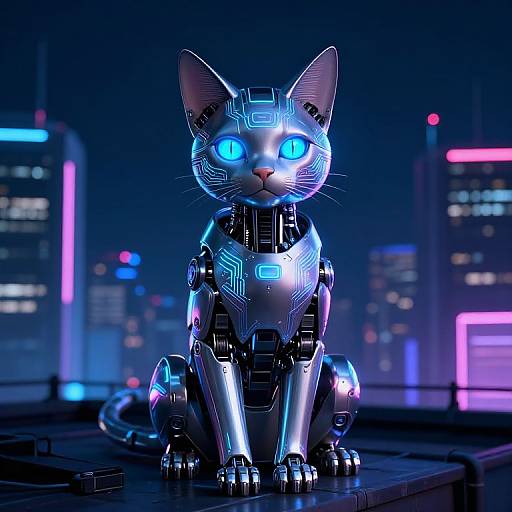 Neon-lit cyber cat with glowing blue eyes and intricate circuit patterns, sits on a futuristic rooftop, cityscape in the background. Digital artwork.