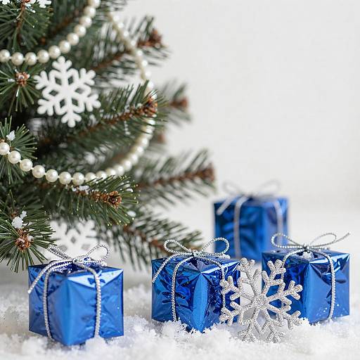 Blue Wrapped Christmas Gifts with Pine Tree