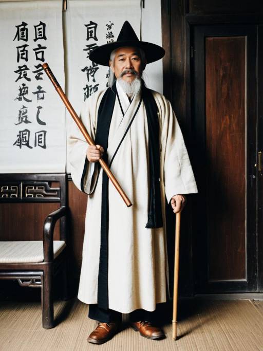 Elderly Man in Traditional Chinese Robe with Cane and Scroll