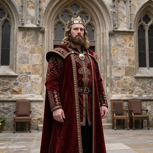 Photograph of a bearded, long-haired man in a regal, gold-embroidered, dark red velvet robe and crown, standing in